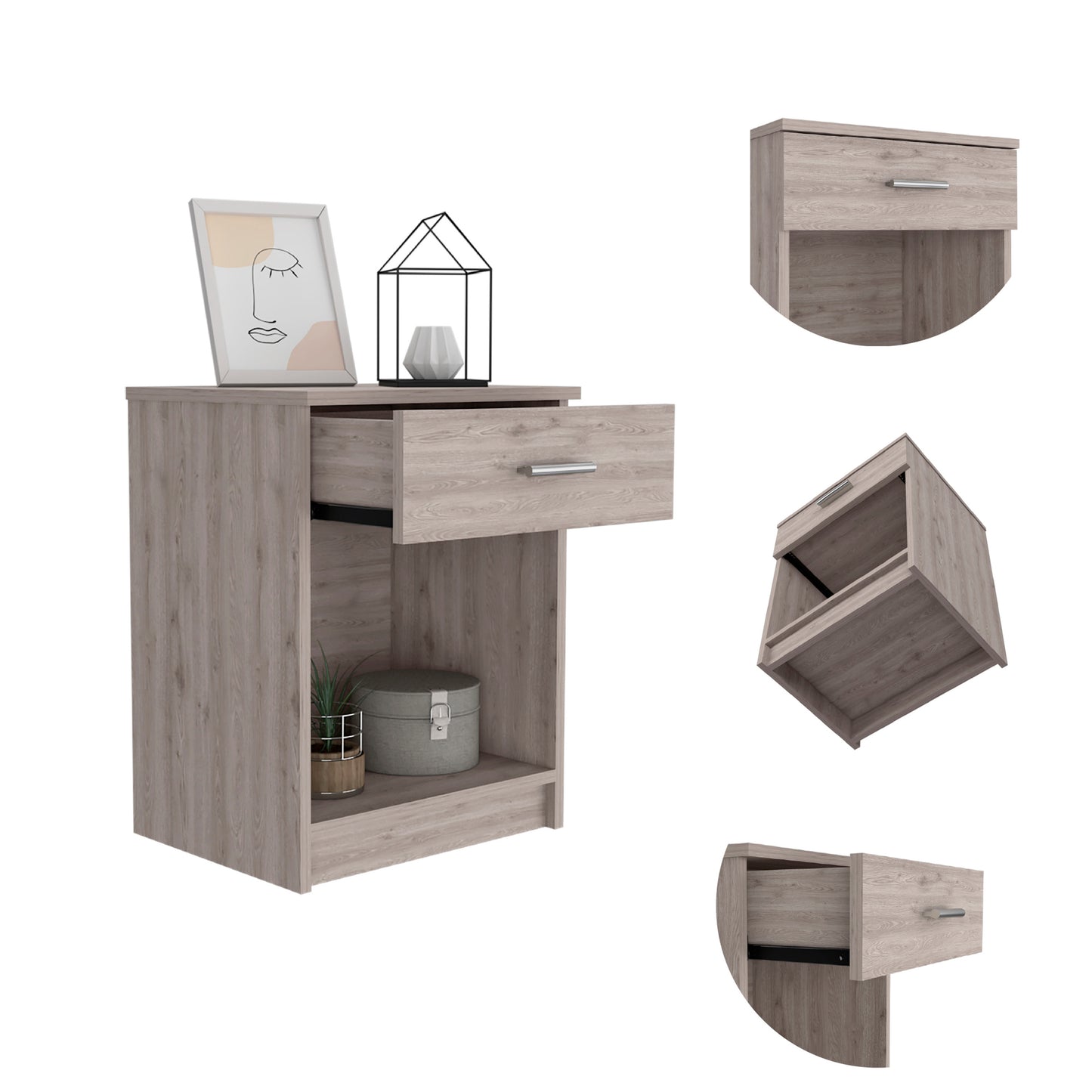 Light oak laminate nightstand with one drawer and an open shelf ideal for bedroom storage