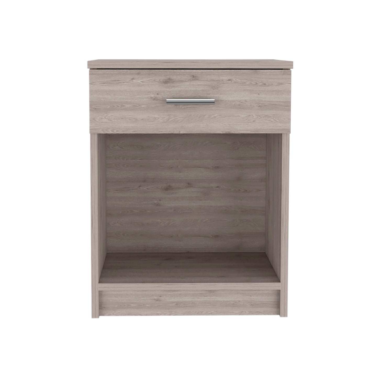 Modern grey wood finish nightstand with a single drawer and open shelf