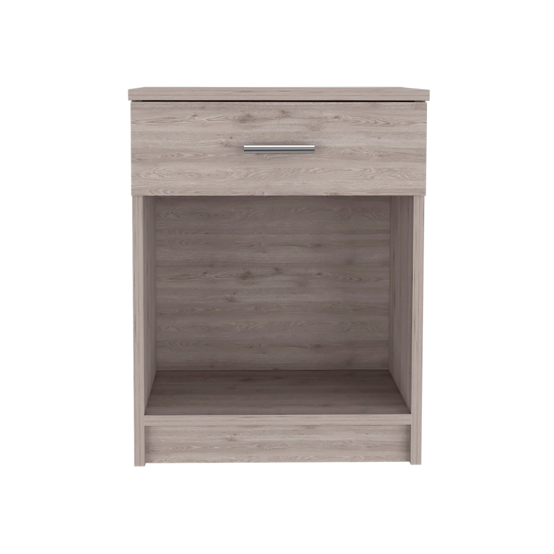 Modern grey wood finish nightstand with a single drawer and open shelf