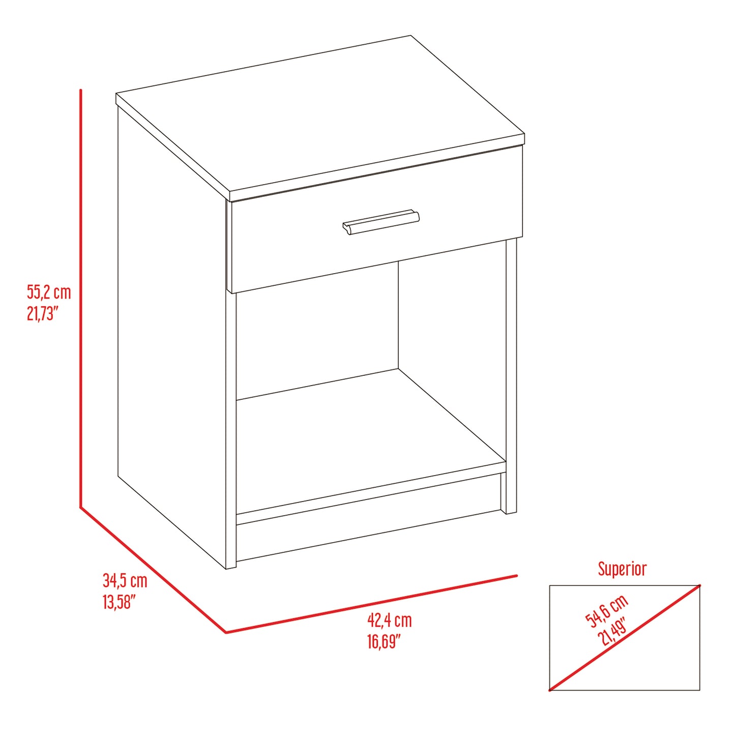 White bedside table with one drawer and open shelf Dimensions displayed