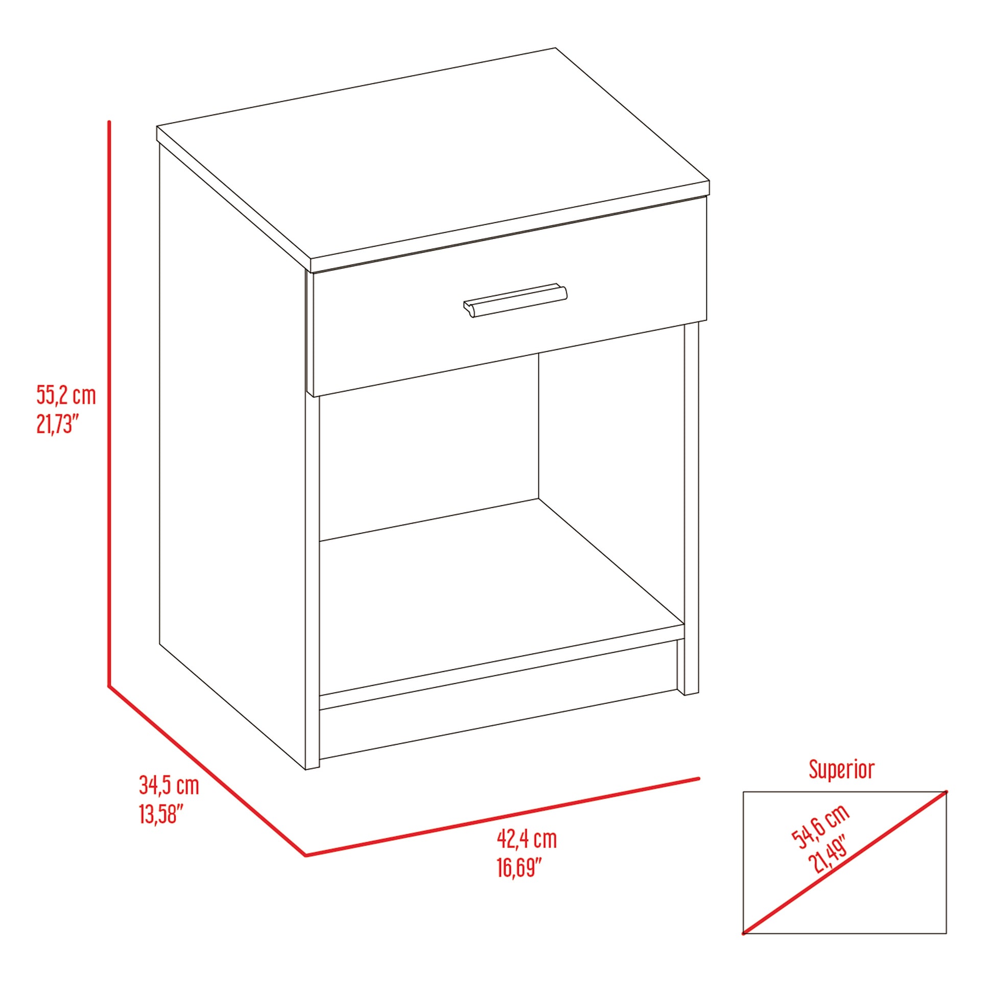 White bedside table with one drawer and open shelf Dimensions displayed
