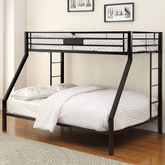 Black metal bunk bed with twin mattresses and decorative pillows spacesaving bedroom furniture