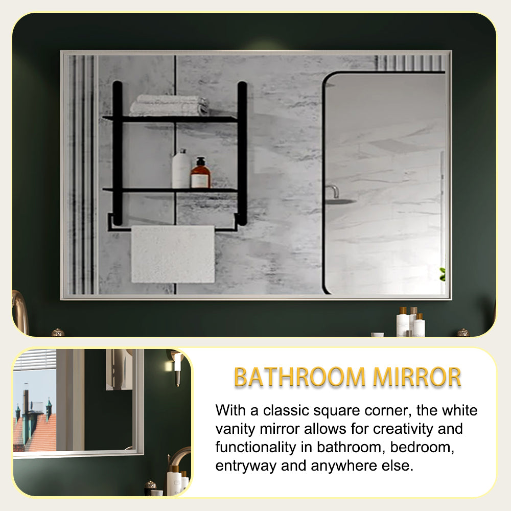 Large frameless bathroom mirror with integrated black shelf and towel rack