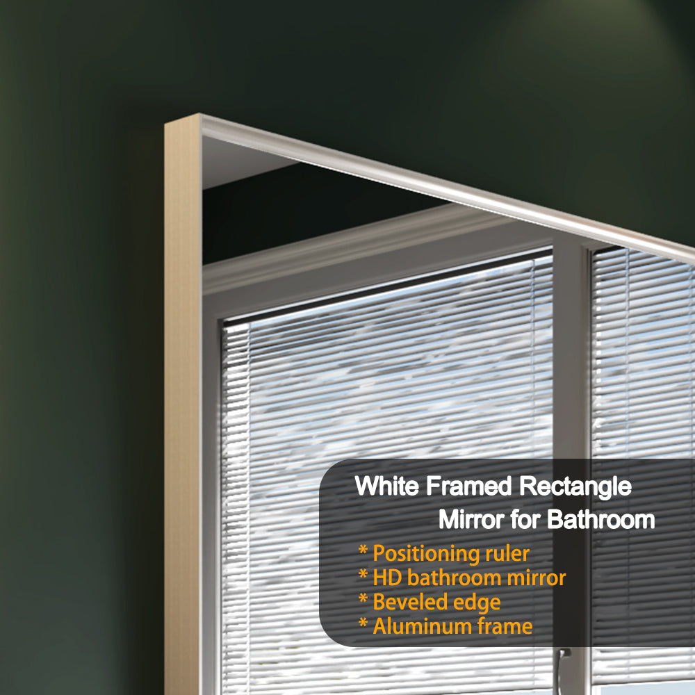 White framed rectangle HD bathroom mirror with beveled edge and aluminum frame