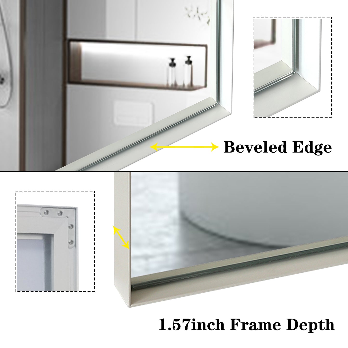 Closeup of a modern bathroom mirror with a beveled edge detail