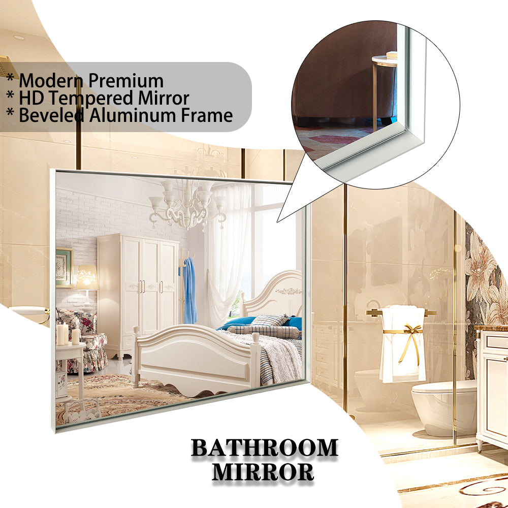 Modern HD tempered glass bathroom mirror with a sleek beveled aluminum frame