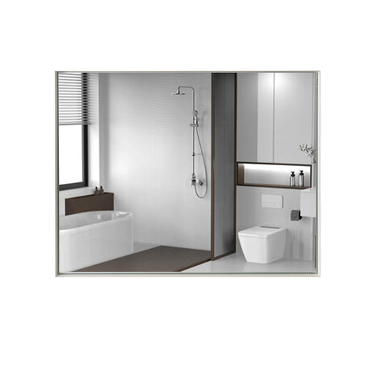 Modern white rectangular wall mirror reflecting a sleek bathroom interior with shower tub and toilet