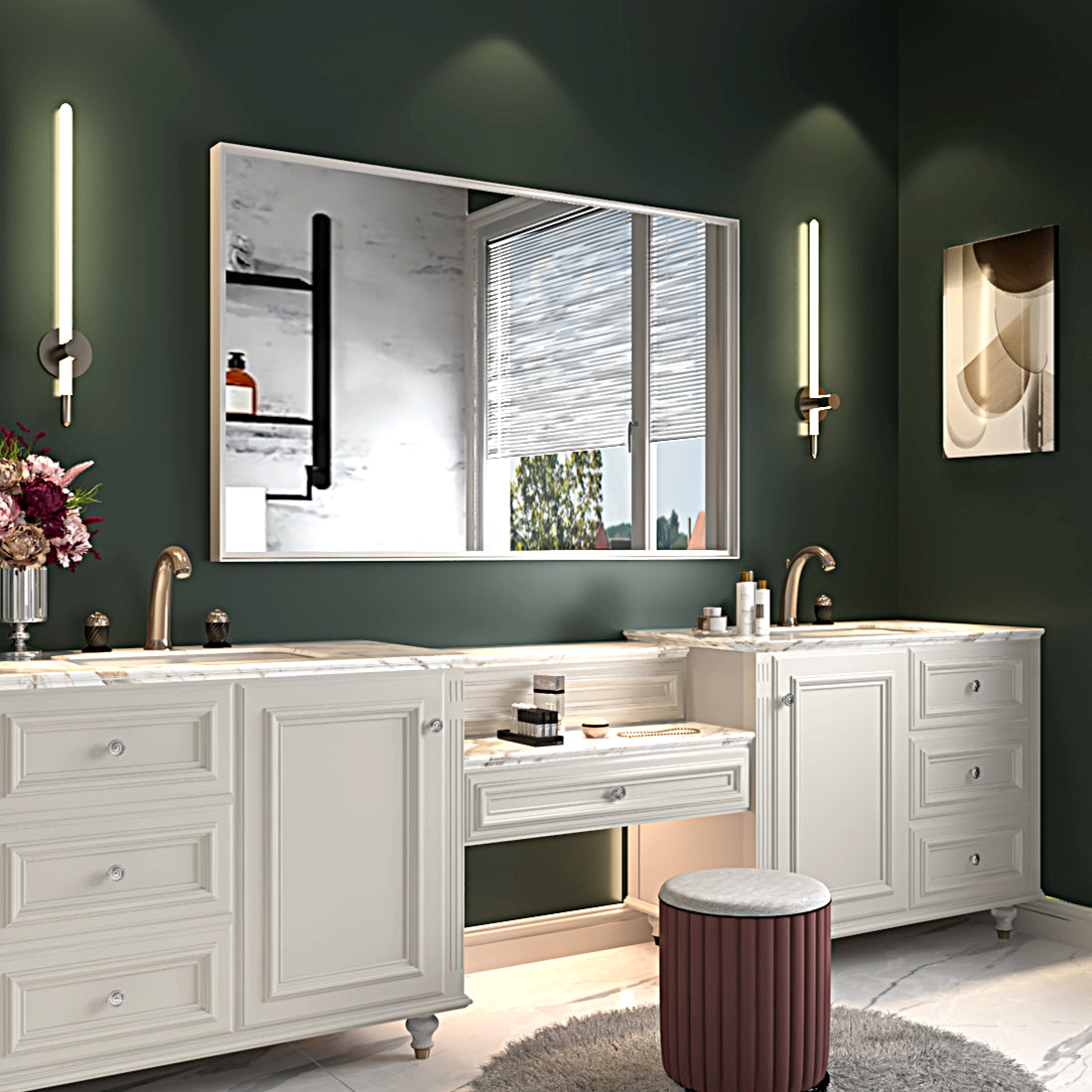 Elegant white double vanity with marble countertop and brass faucets