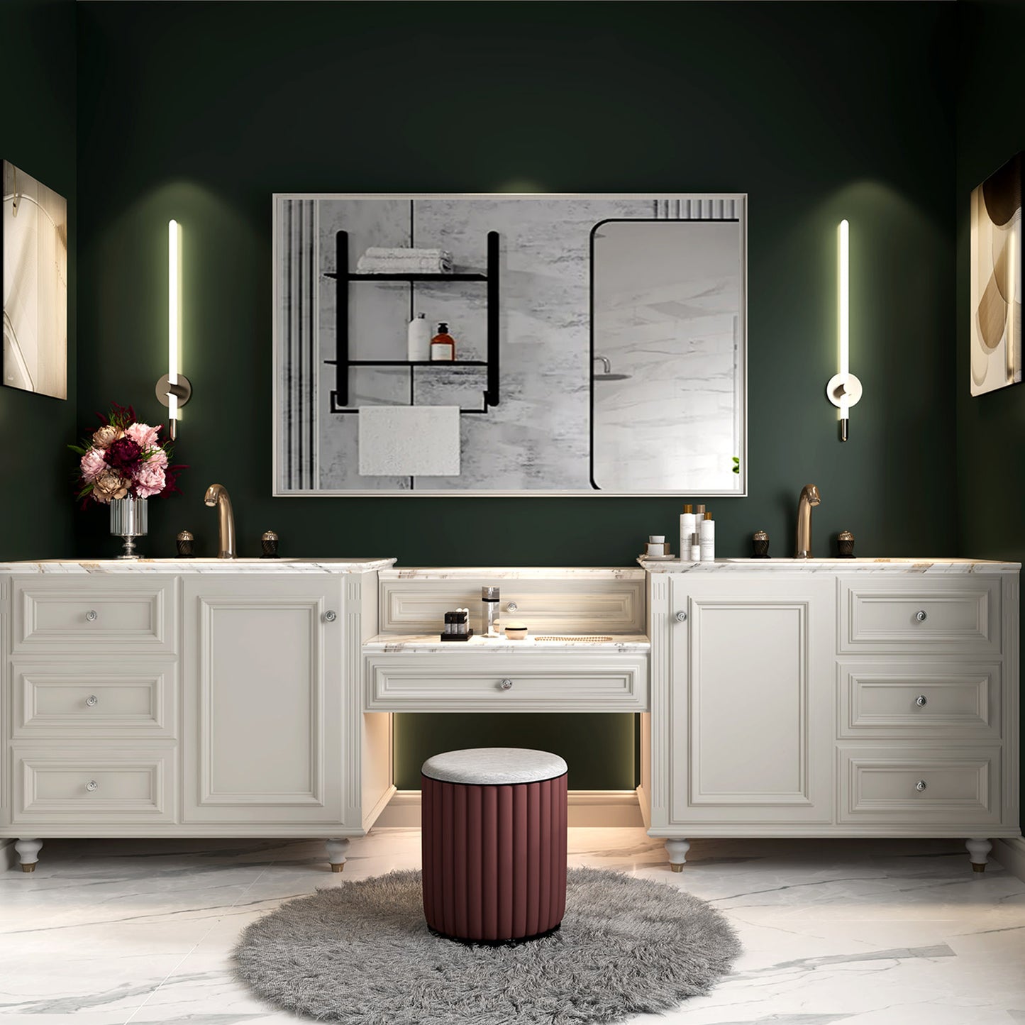 Elegant white vanity with gold faucets and marble countertop