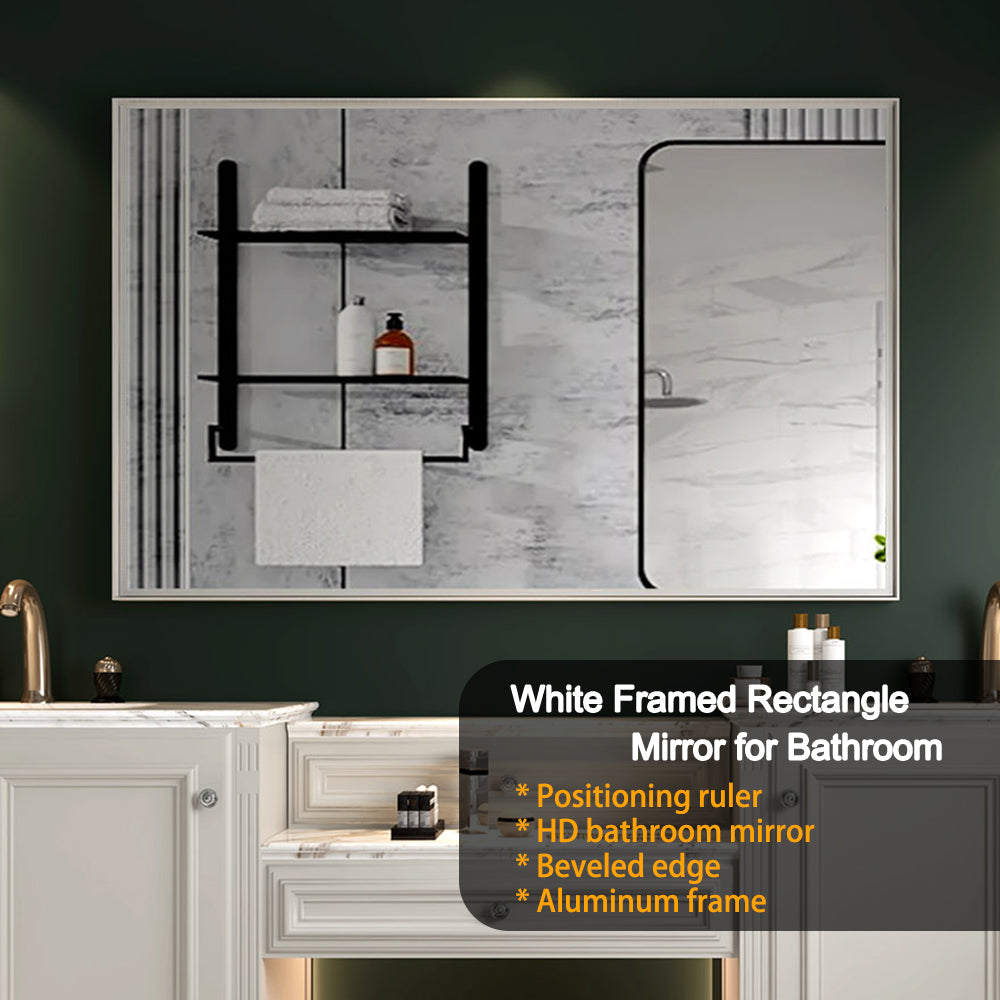 Rectangular bathroom mirror with white aluminum frame HD clarity and beveled edge
