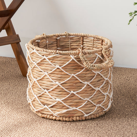 Natural woven hyacinth basket with white rope detail