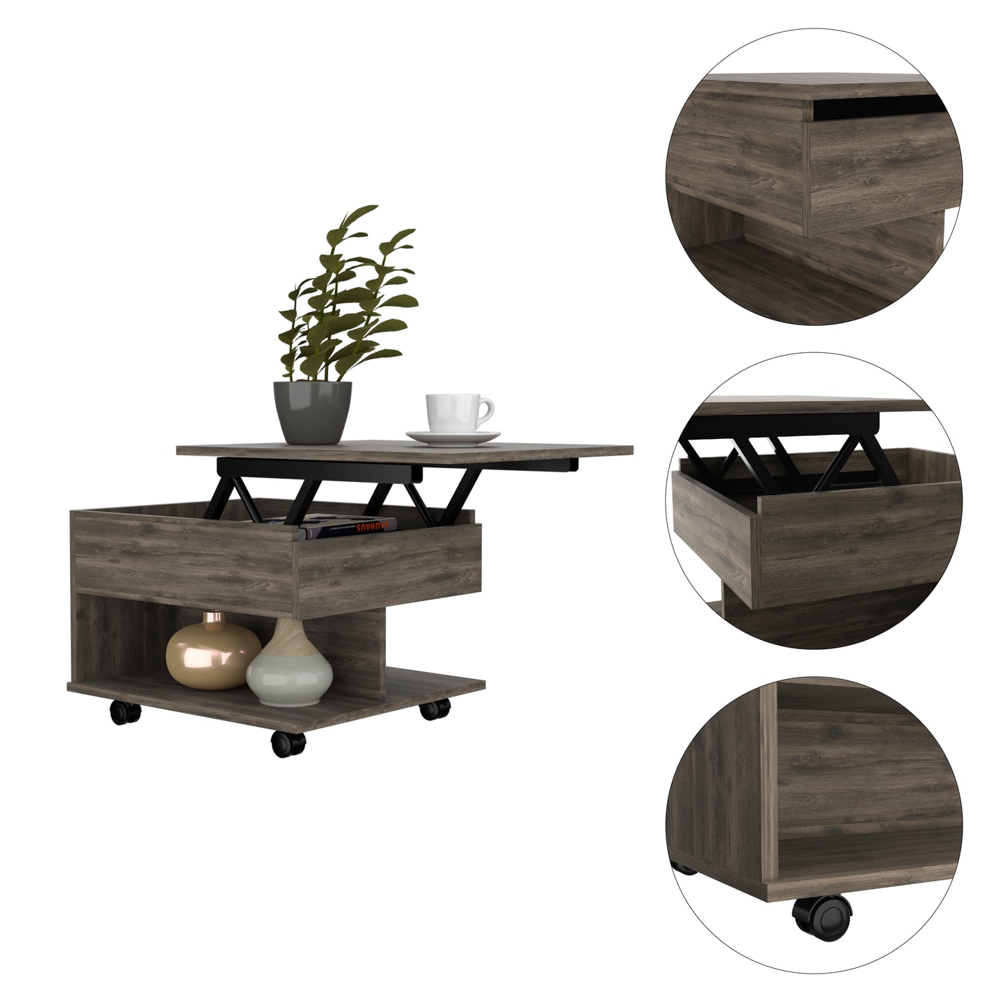 Lift top coffee table with hidden storage and rustic wood finish
