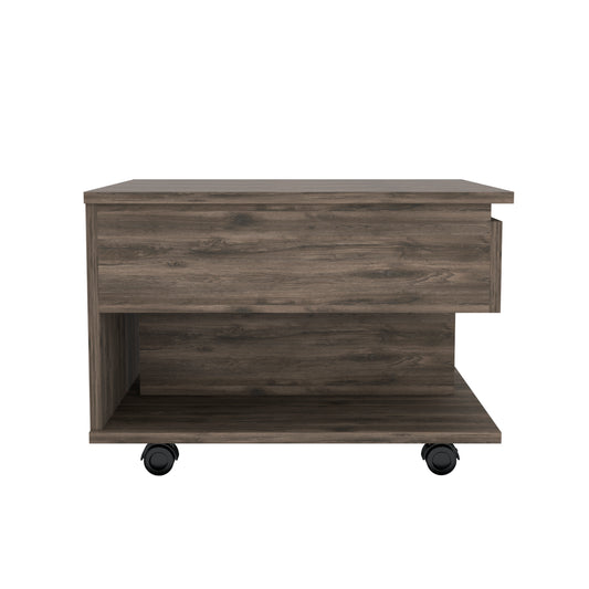 Modern dark wood nightstand with a single drawer and open shelf on casters