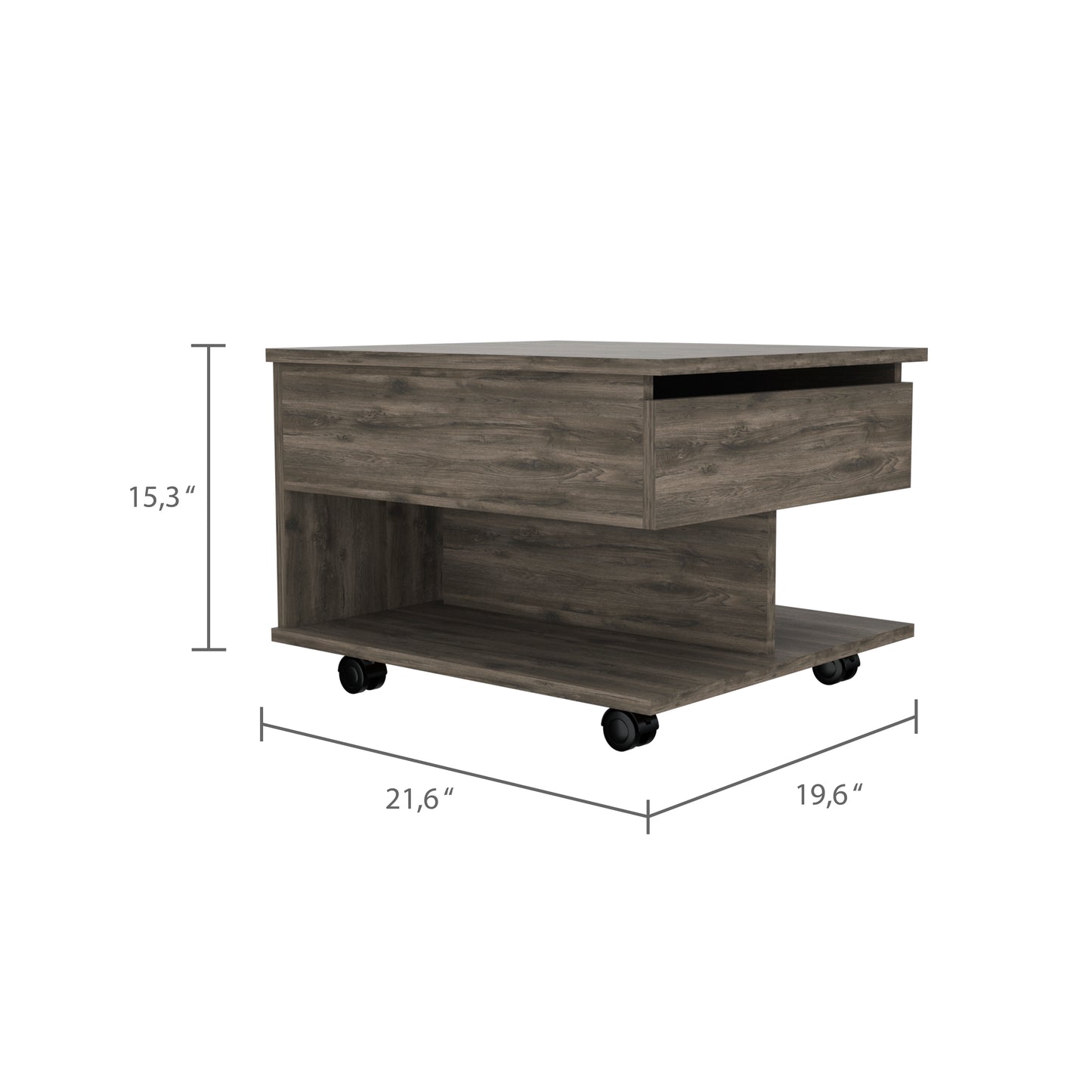Dark wood rolling end table with a single drawer and open shelf for storage