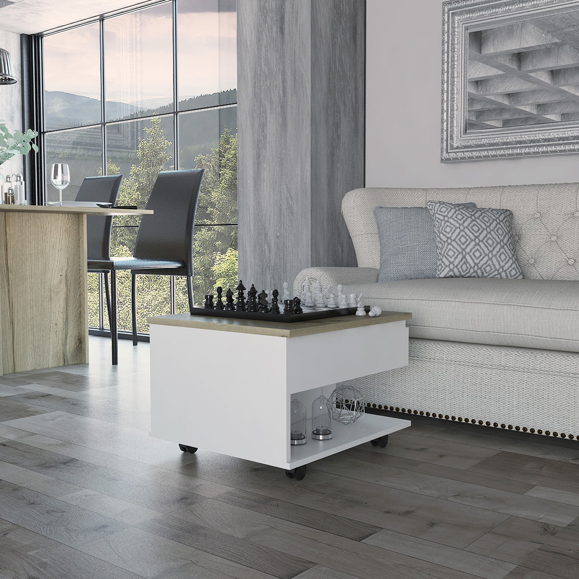 Modern white storage coffee table with a wooden top featuring a builtin chess set for living rooms