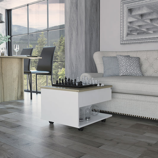 Modern white storage coffee table with a wooden top featuring a builtin chess set for living rooms