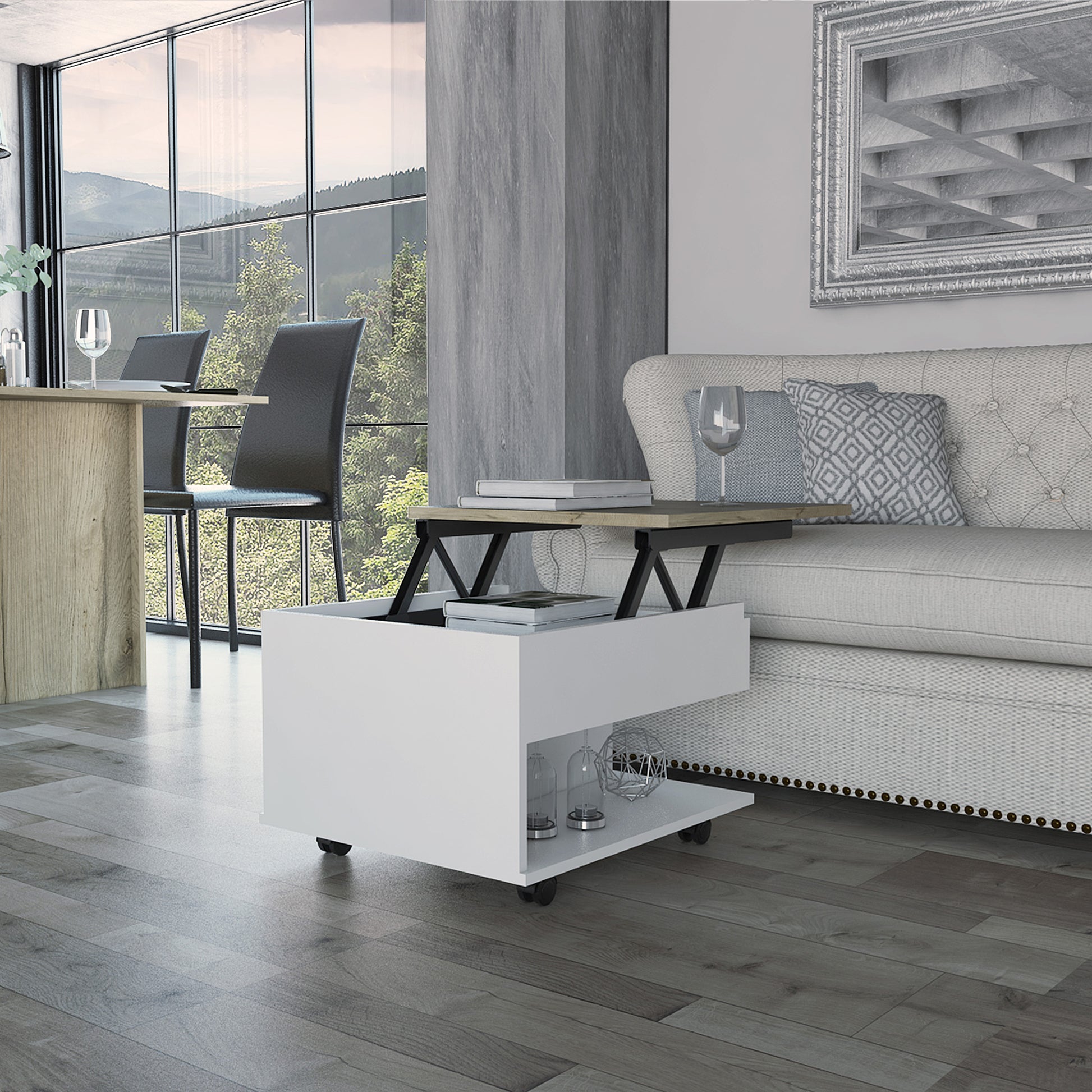 Modern white lift top coffee table with wooden accent and hidden storage