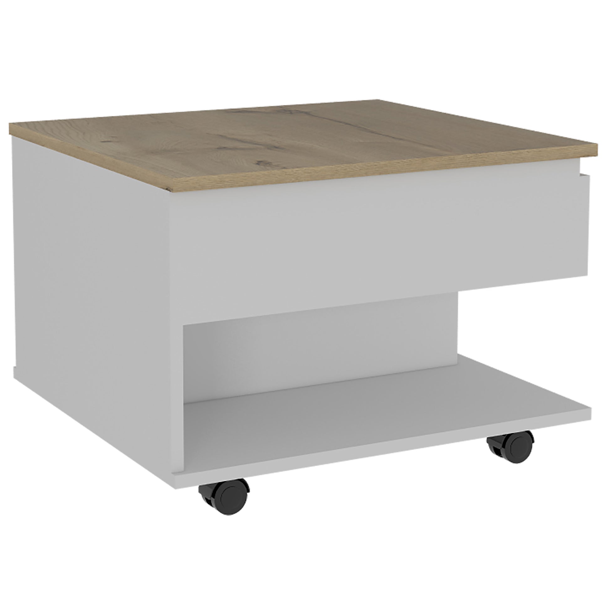 White and oak wood bedside table with a shelf and wheels