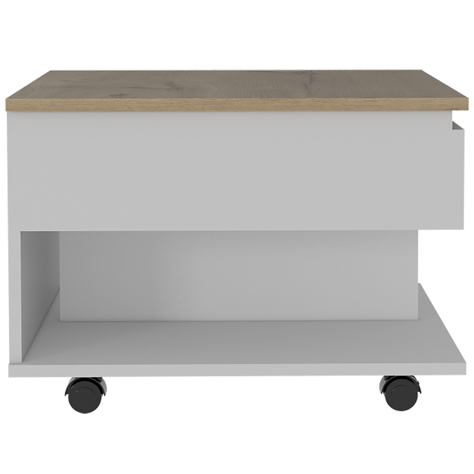 Modern white rolling coffee table with oak wood top and open shelving