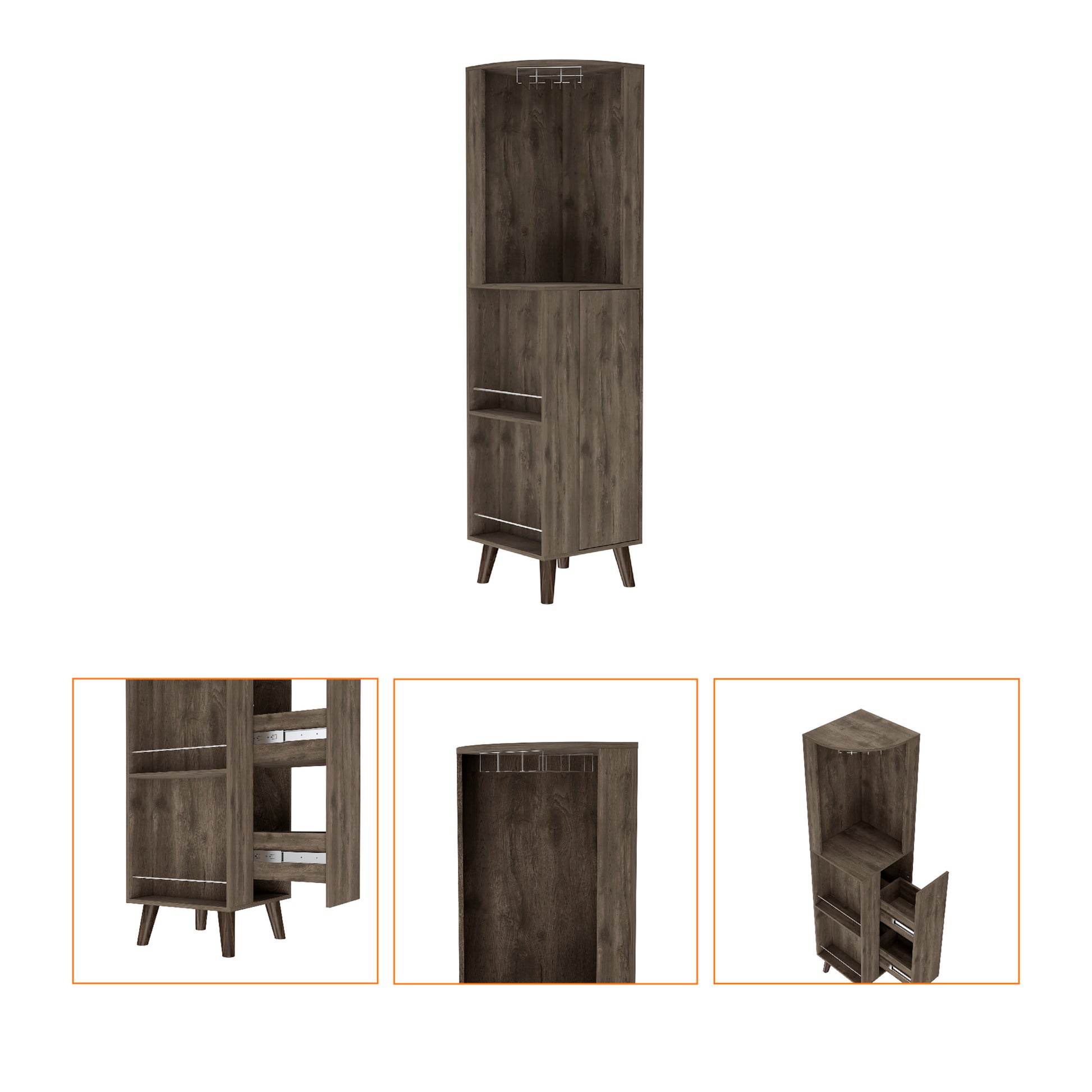 Rustic brown corner bar cabinet with wine glass rack and pullout drawers