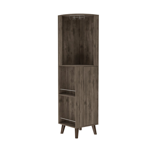 Dark wood corner bar cabinet with wine glass rack and shelves perfect for home entertaining