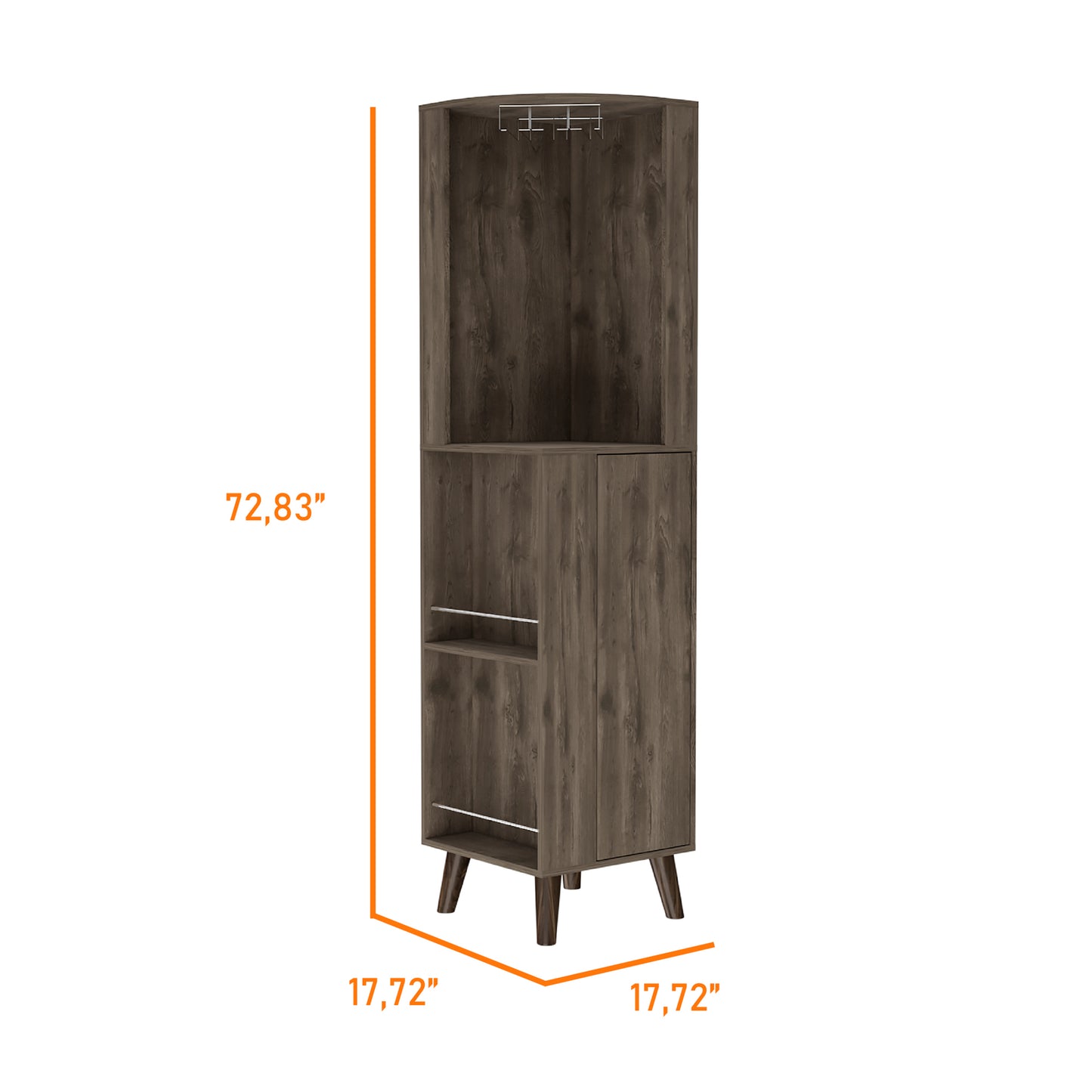 Dark wood corner storage cabinet with wine glass rack and shelves