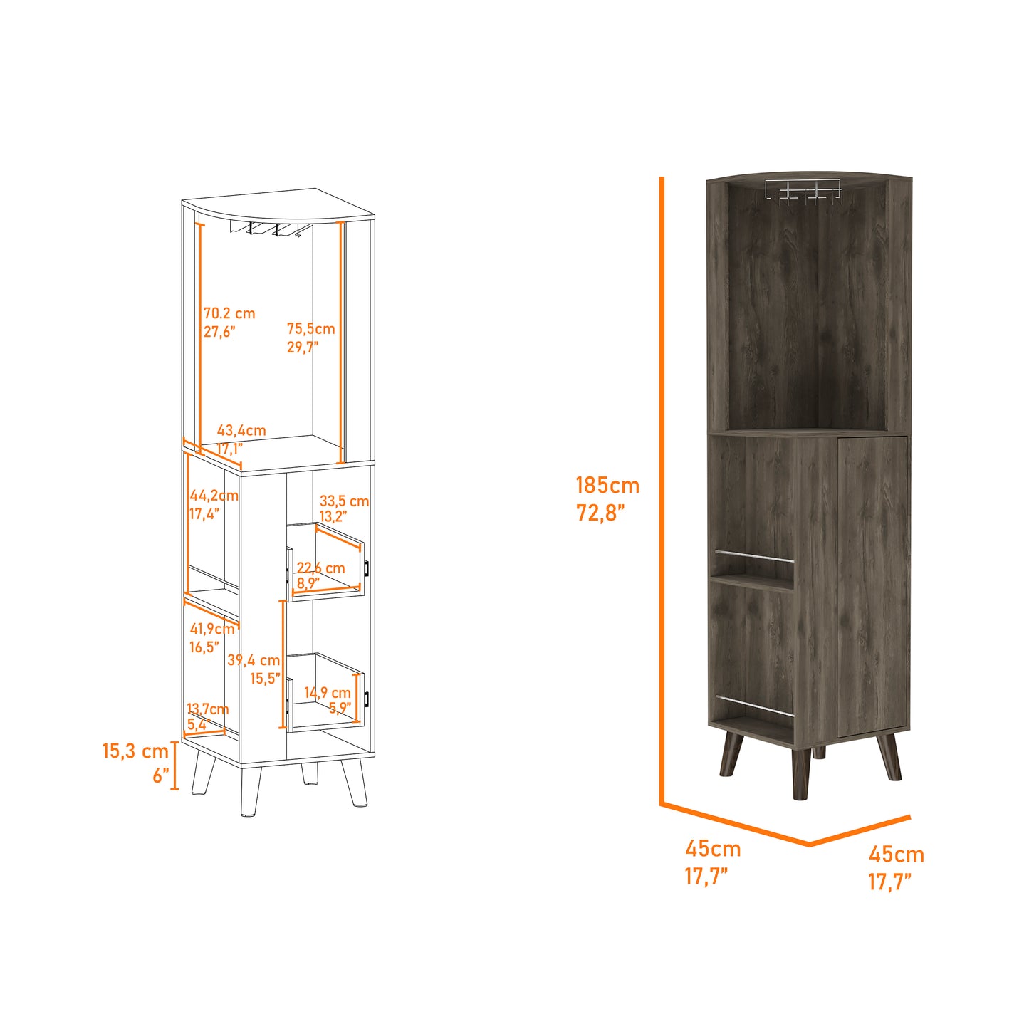Rustic grey corner cabinet with wine glass rack and open shelves for display
