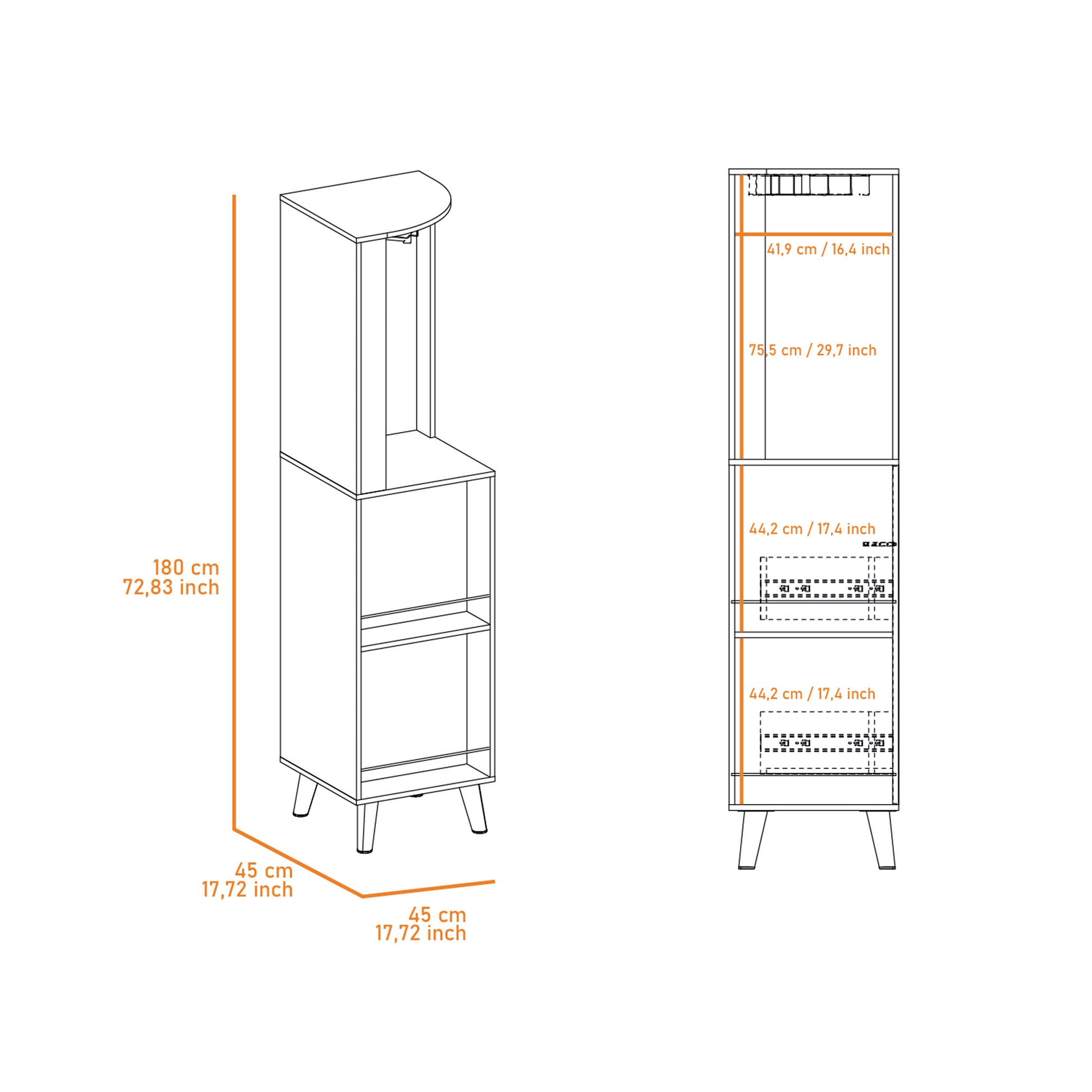 Line drawing of a tall narrow cabinet with open shelving and drawers  cm height