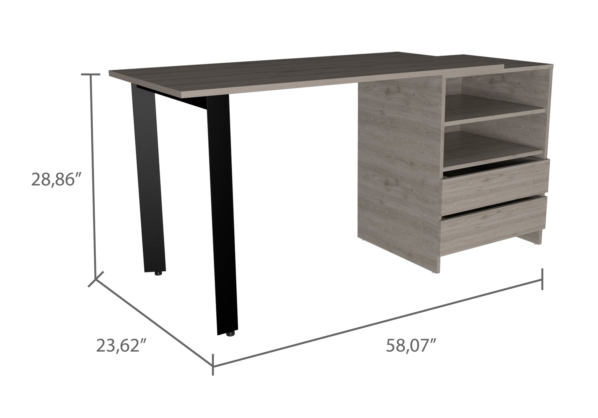 Modern grey wood desk with black metal legs and integrated shelving unit