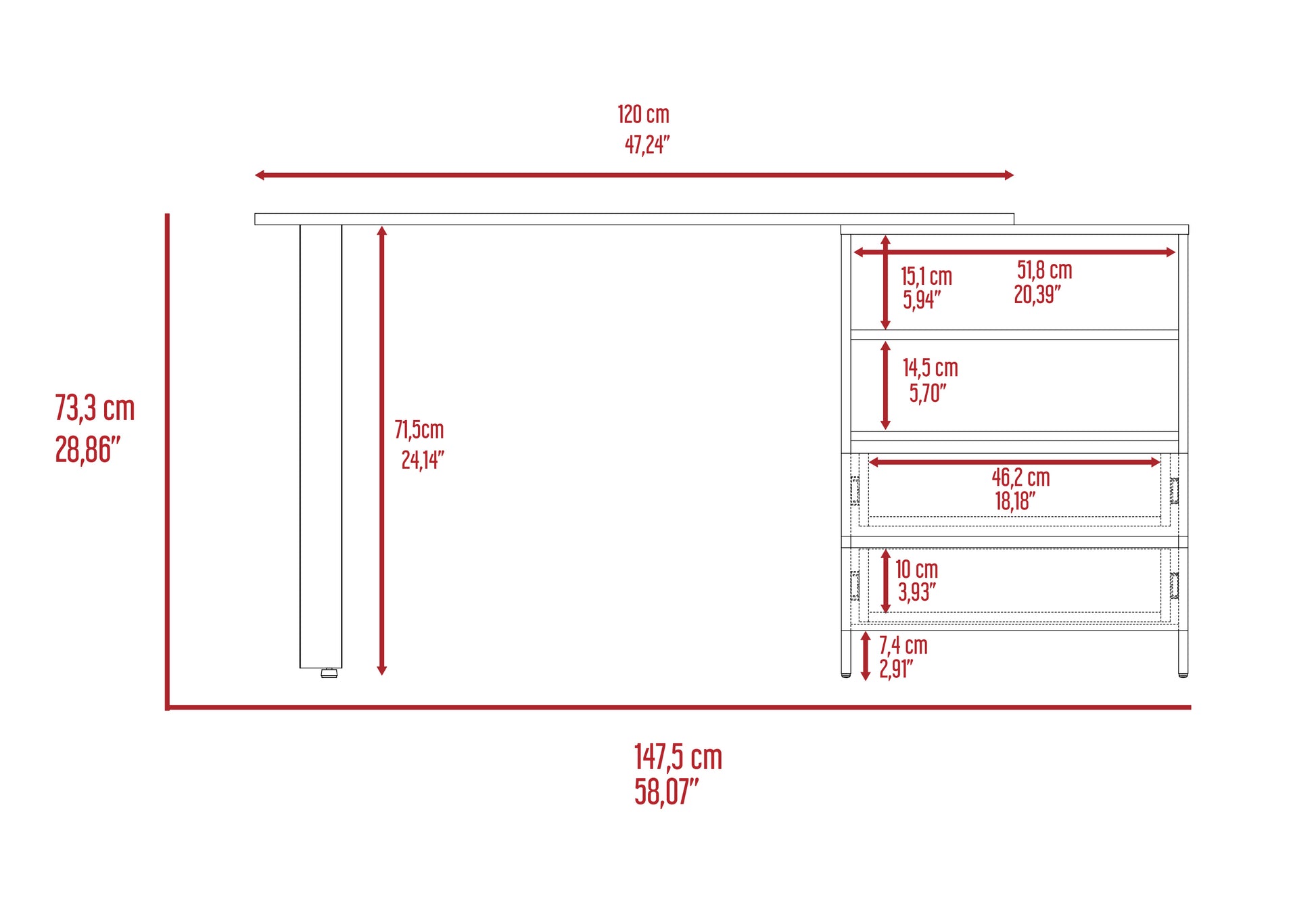 Diagram shows a modern desk with storage total length cm