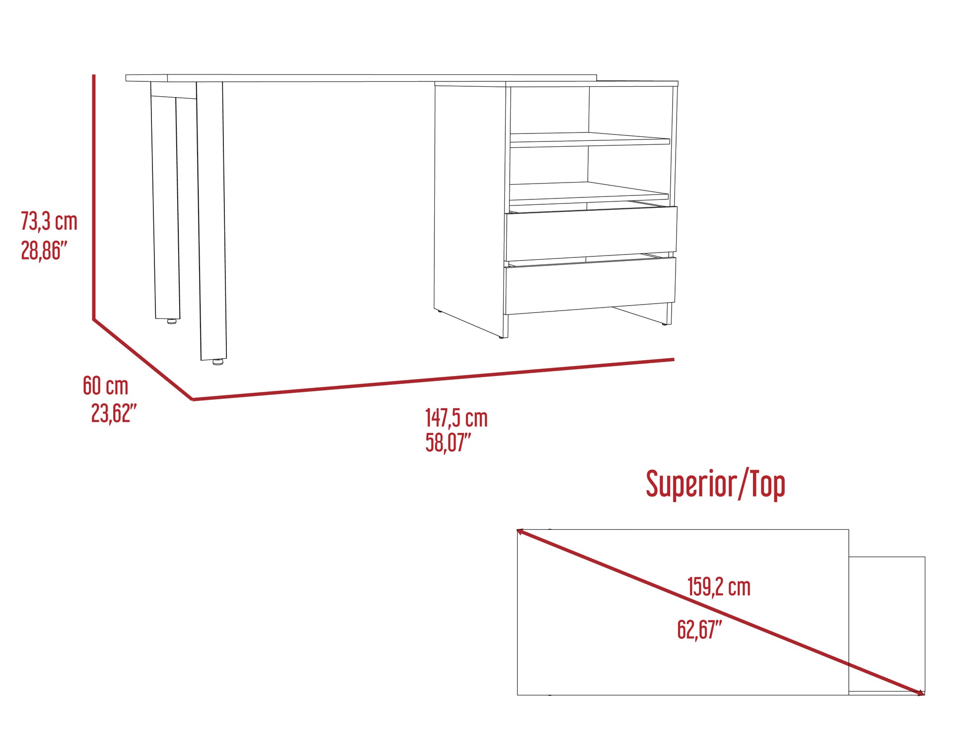 Modern desk with storage drawers and shelves cm long white finish