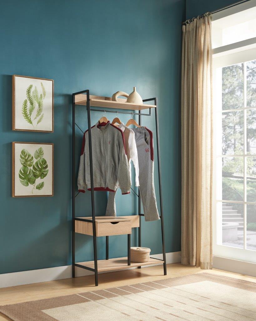 Modern open wardrobe with grey jacket and sweatpants