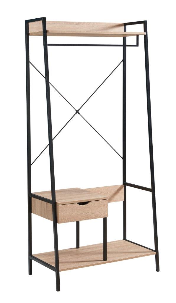 Modern oak entryway rack with black metal frame and hanging bar