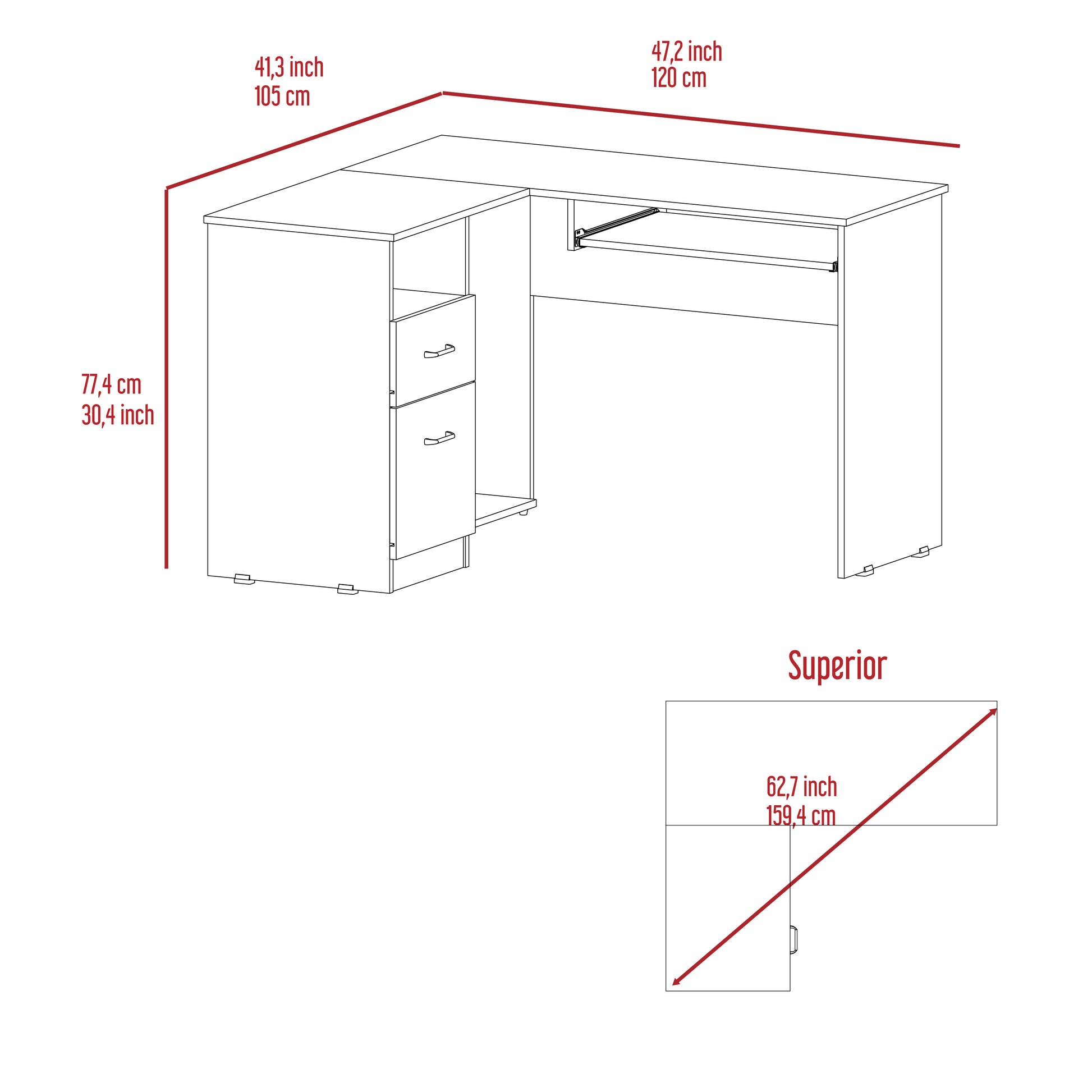 Lshaped modern desk with drawers and keyboard tray white finish