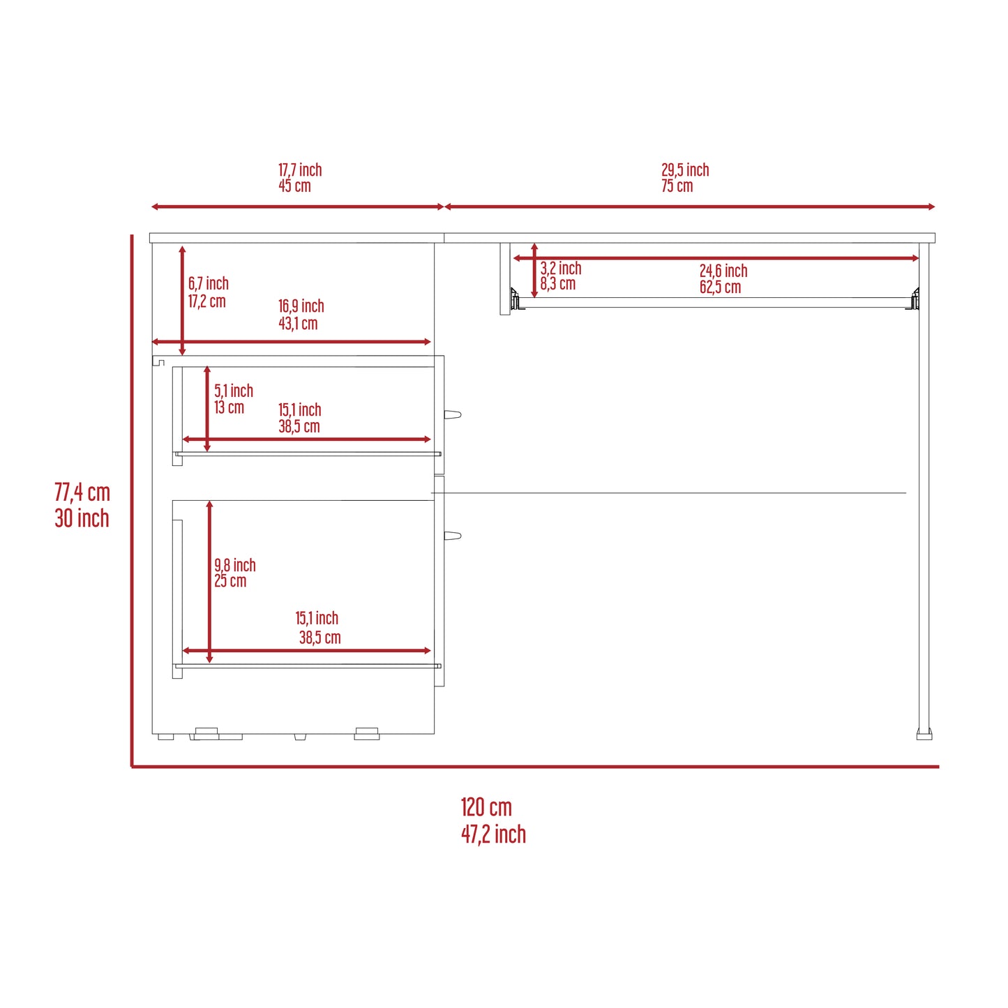 Technical drawing of a desk with dimensions  cm width  cm height and  cm depth