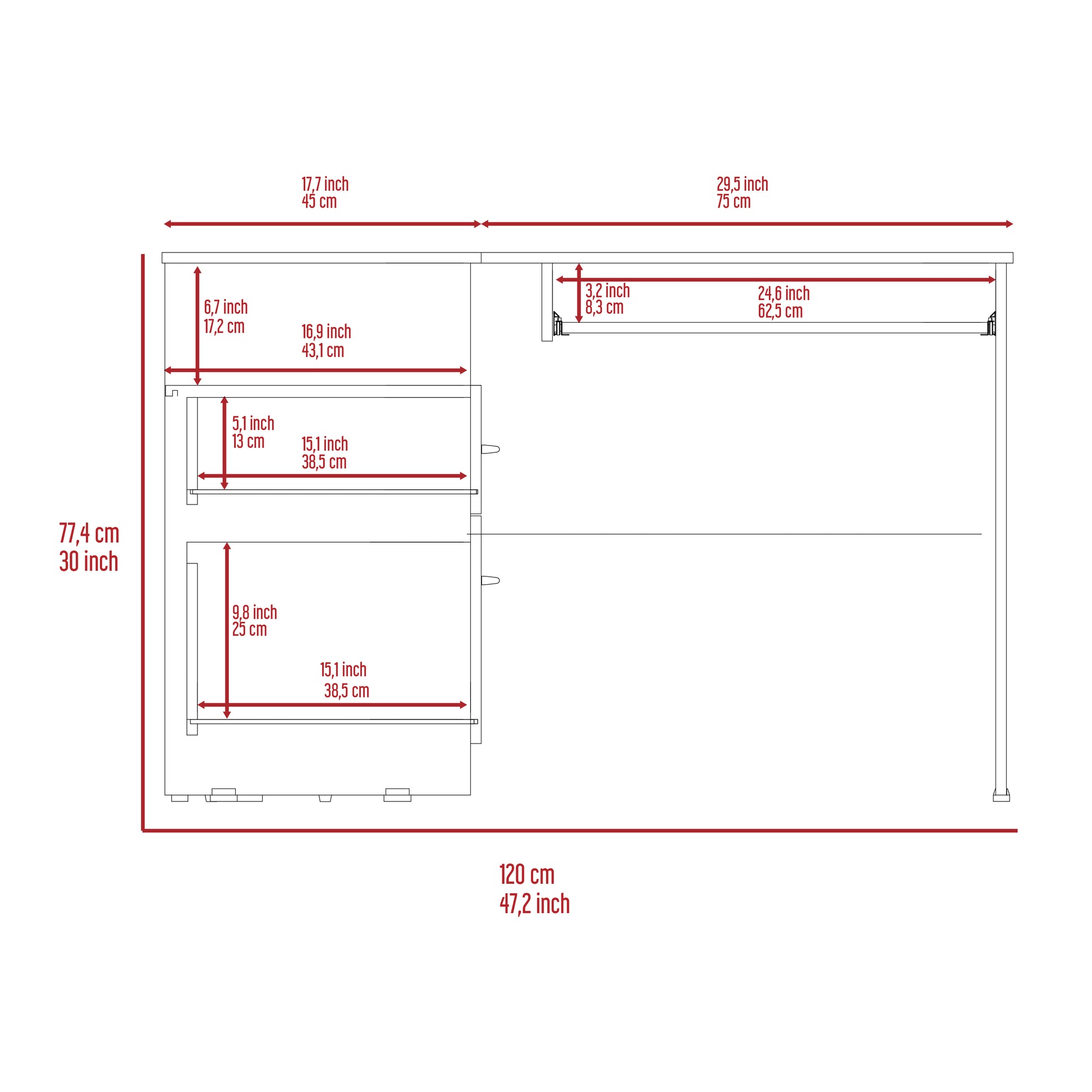 Technical drawing of a desk with dimensions  cm width  cm height and  cm depth