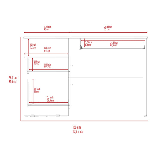 Technical drawing of a desk with dimensions  cm width  cm height and  cm depth