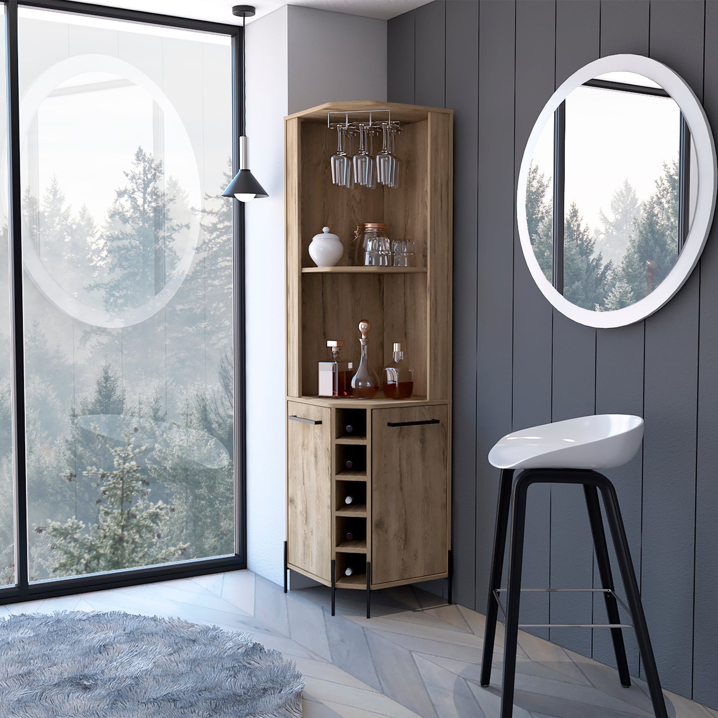 Corner wine bar cabinet with glass rack and bottle storage in light oak finish