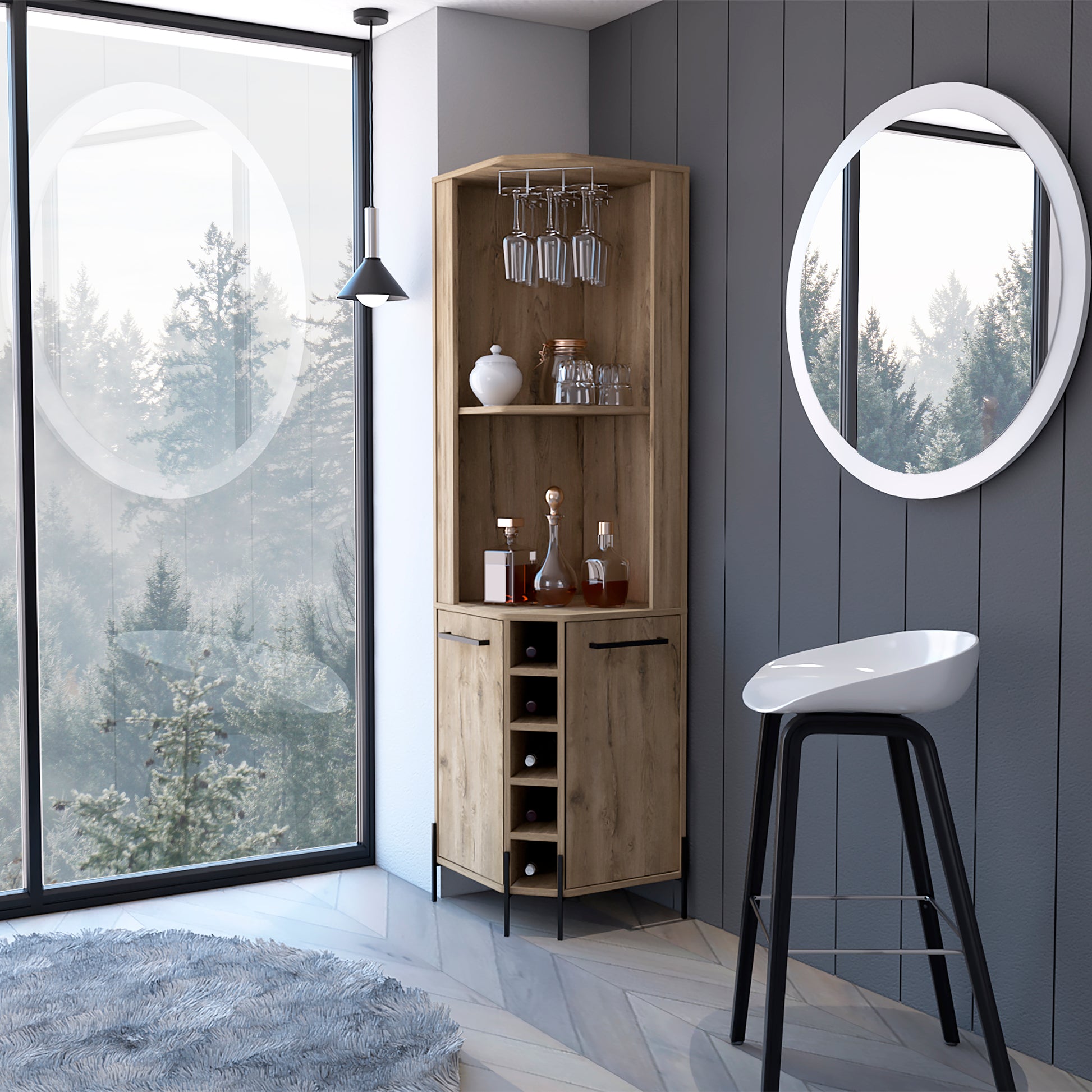 Corner wine bar cabinet with glass rack and bottle storage in light oak finish