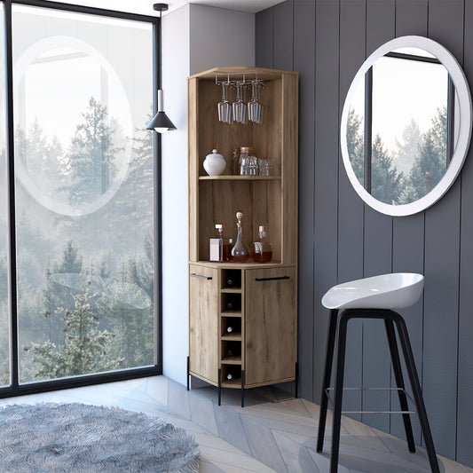 Corner wine bar cabinet with glass rack and bottle storage in light oak finish