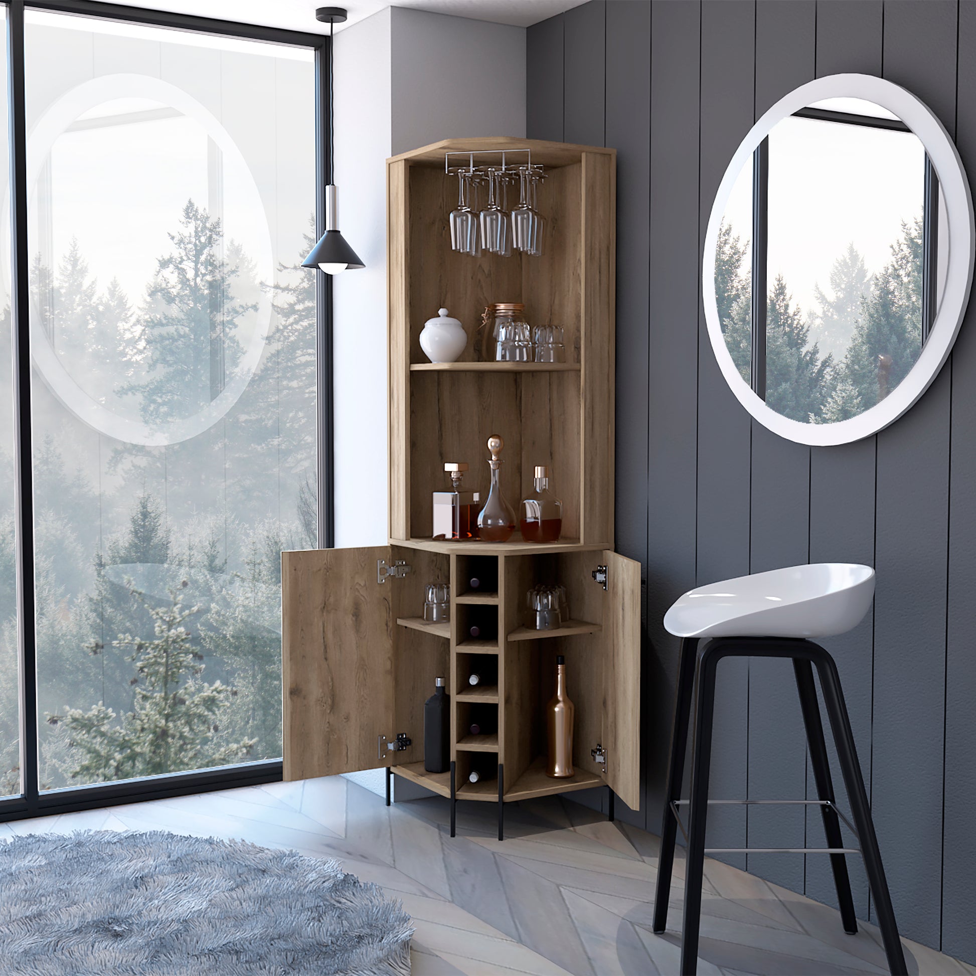 Corner bar cabinet with wine rack and glass holder in natural wood finish