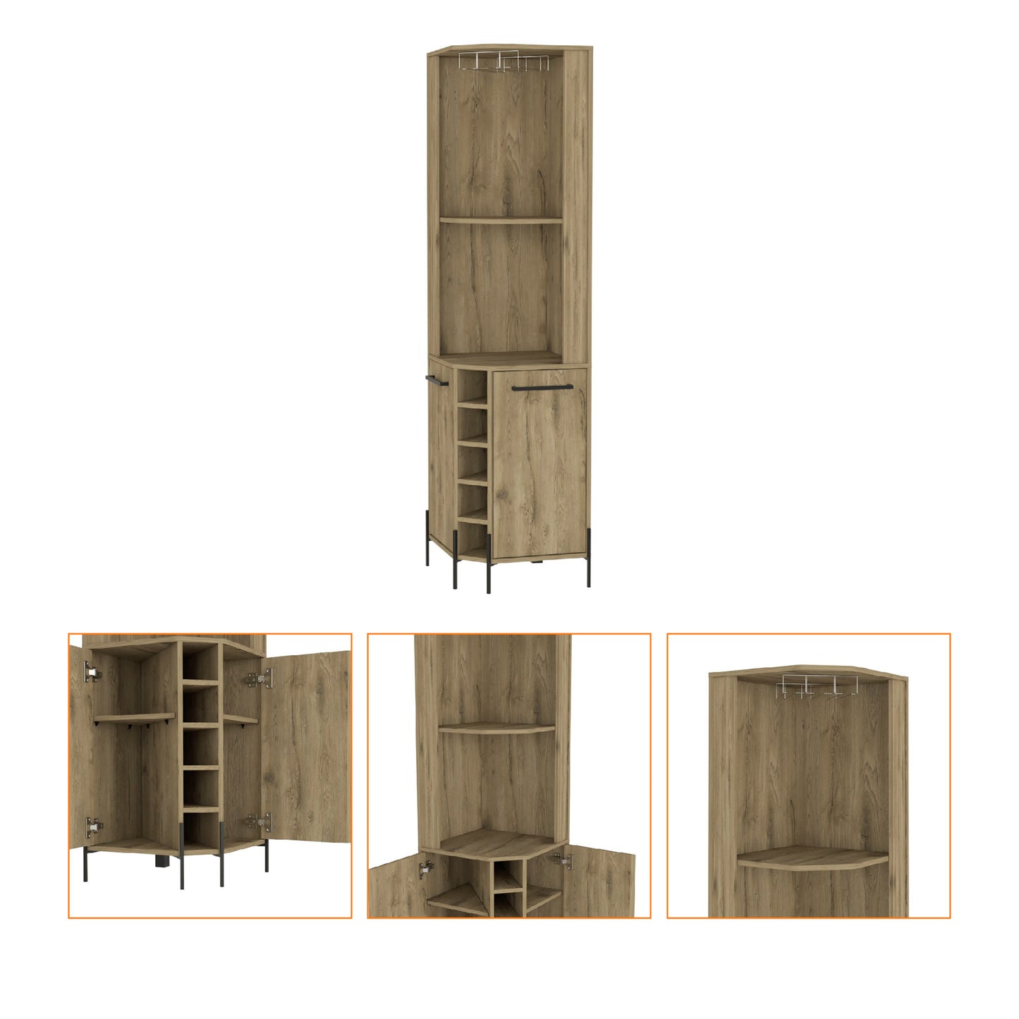Tall wooden corner cabinet with wine rack and glass holders for stylish storage