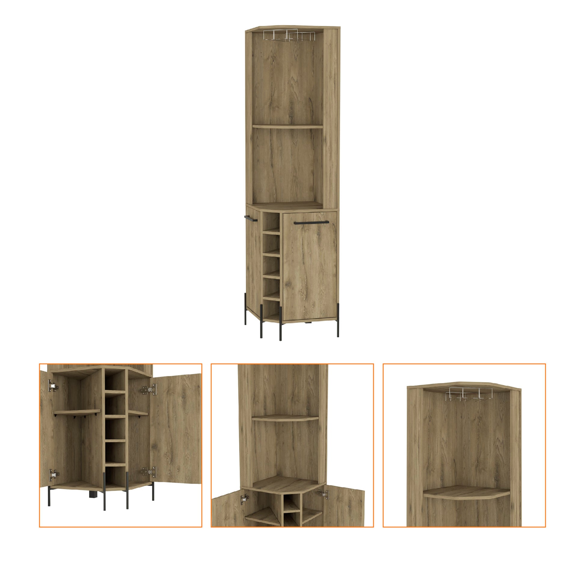 Tall wooden corner cabinet with wine rack and glass holders for stylish storage