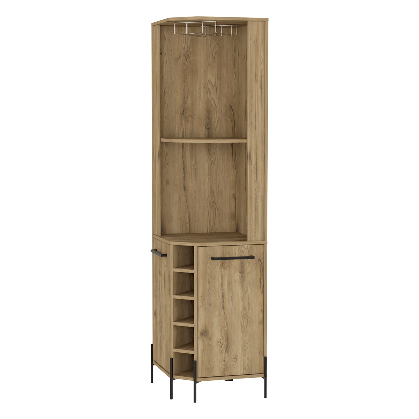 Tall modern corner bar cabinet in light oak finish with glass holders and wine rack
