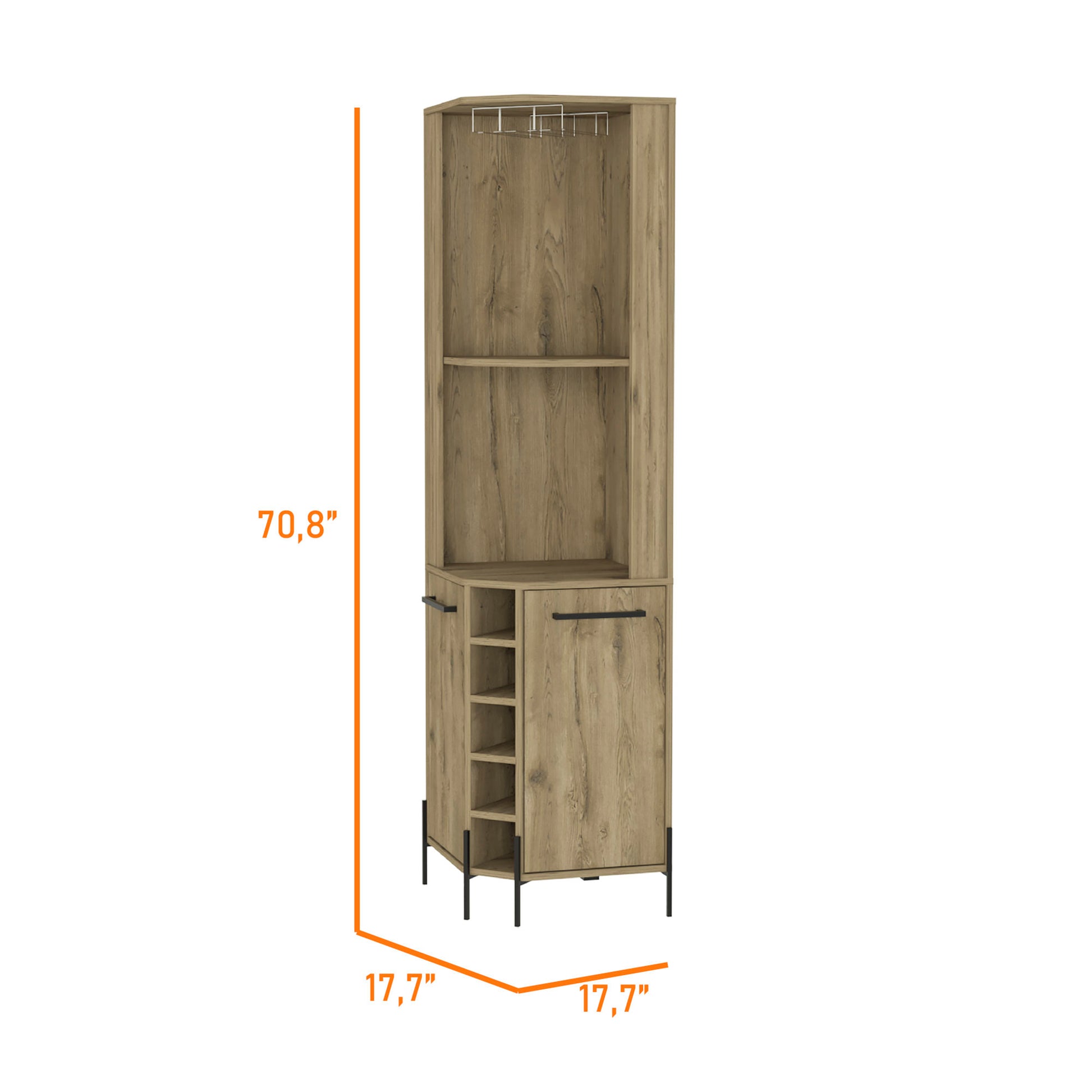 Tall oakeffect corner cabinet with wine rack shelf and glass holder