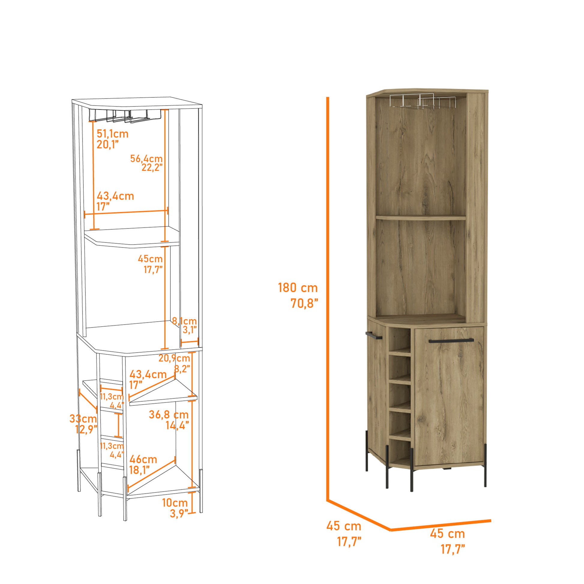 Tall wood grain wine cabinet with  bottle cubbies and hanging glass rack