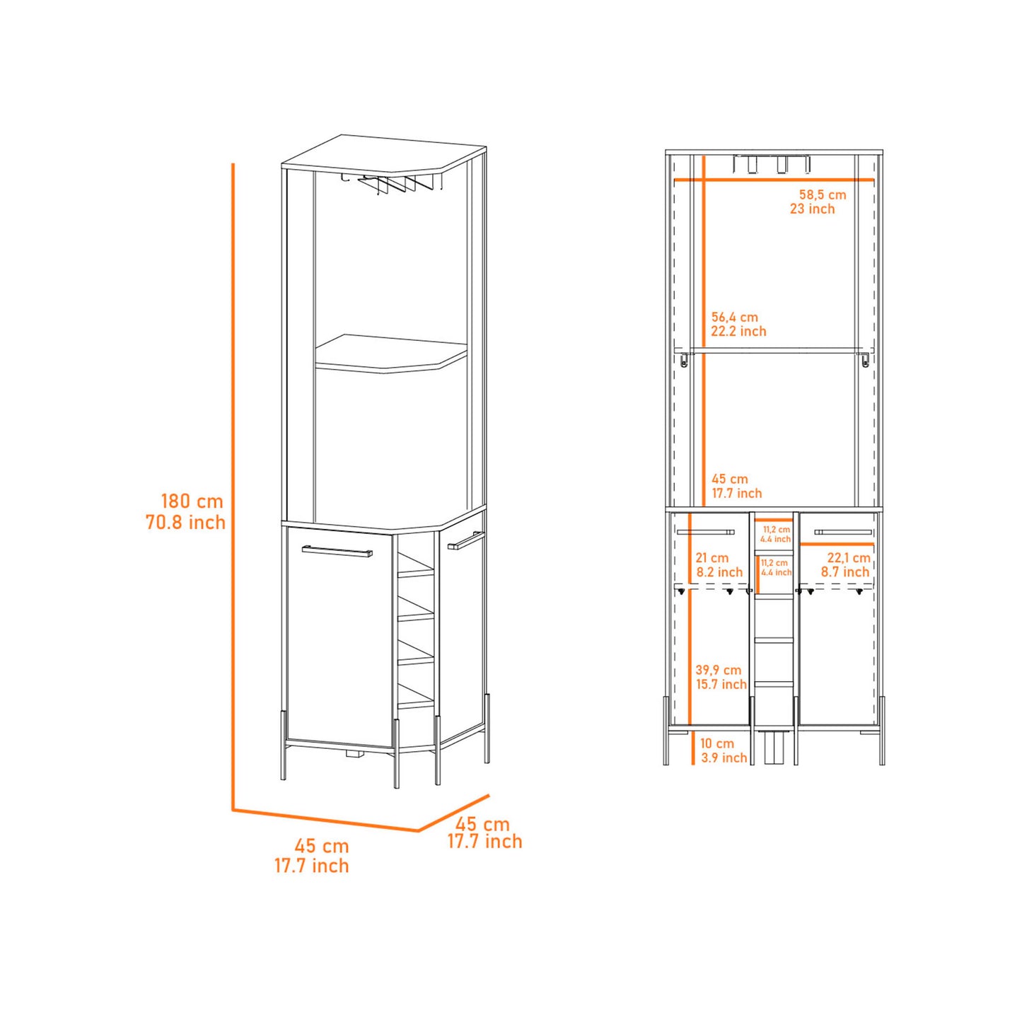 Line drawing of a modern corner wardrobe unit with internal shelving and hanging space