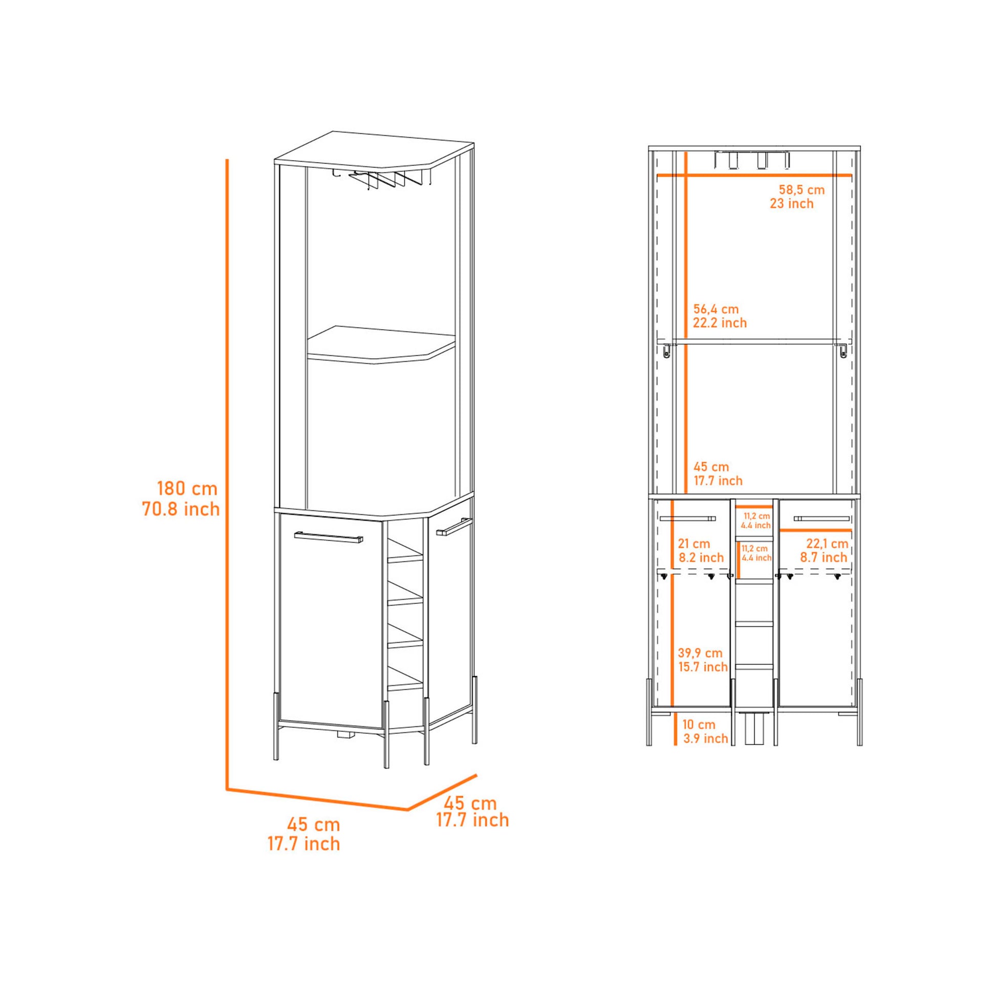 Line drawing of a modern corner wardrobe unit with internal shelving and hanging space
