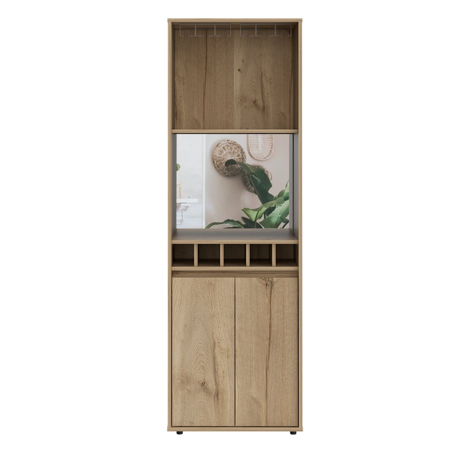 Rustic oak tall cabinet with mirrored backing and wine glass rack