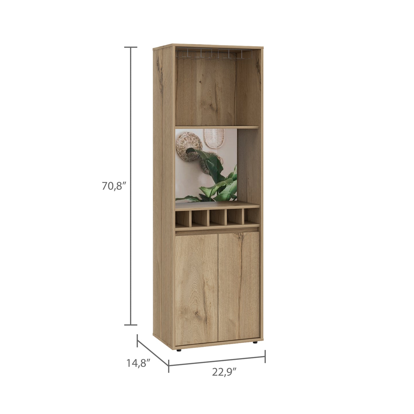 Tall oak effect bar cabinet with wine glass rack and bottle holders